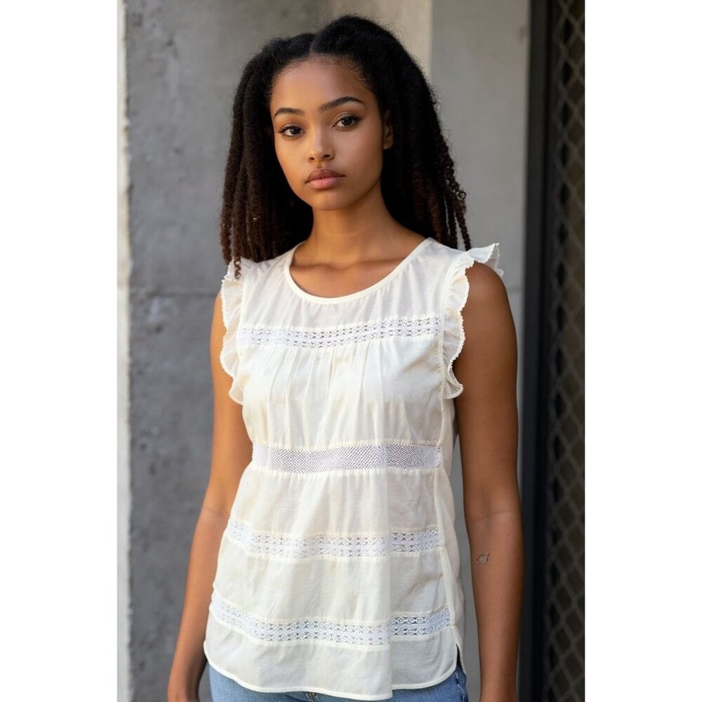 NEW LOFT Womens M Blouse Silk White Lace Trim Embroidered Flutter Sleeve Top